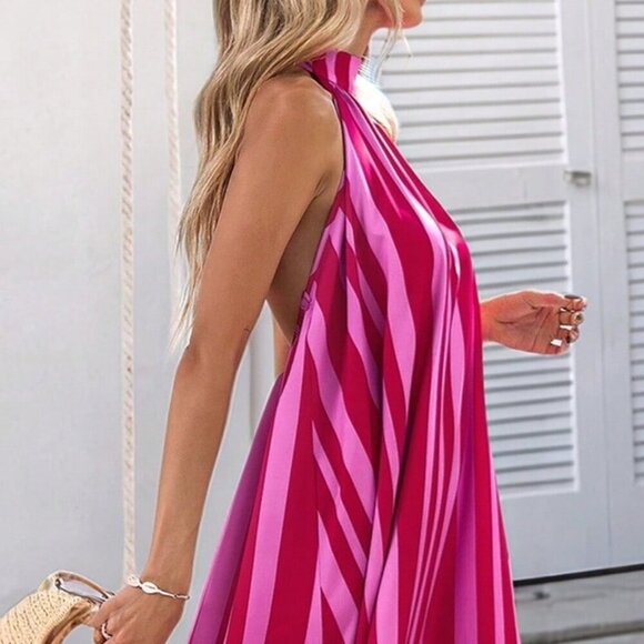 Pink Striped Casual Women's tie halter neck ruffled hem maxi Dress - Picture 5 of 6